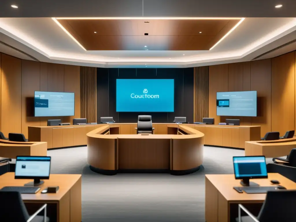 Moderna sala de tribunal con tecnología de vanguardia y diseño futurista, ideal para litigios de marcas en tecnología