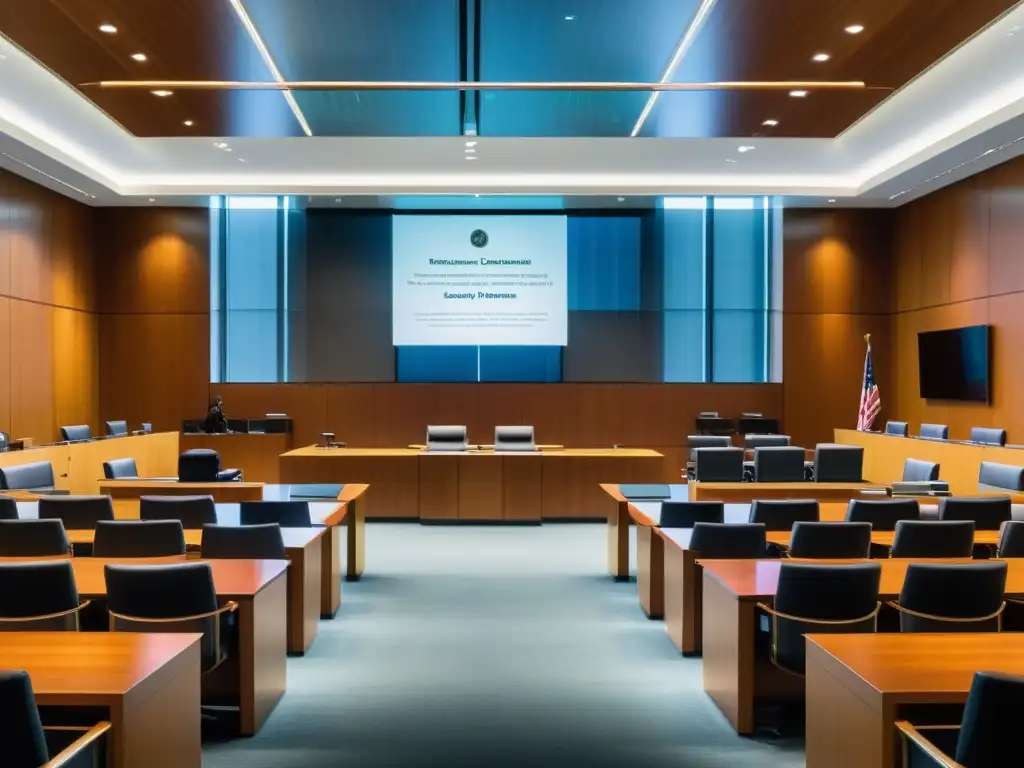 Moderna sala de tribunal con vidrio y madera, abogados y evidencia en pantallas