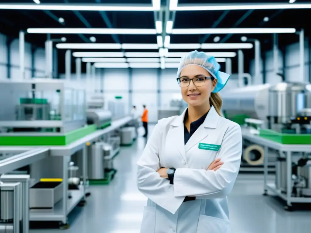 Instalación moderna de fabricación de bioplásticos con tecnología innovadora y prácticas sostenibles, rodeada de vegetación