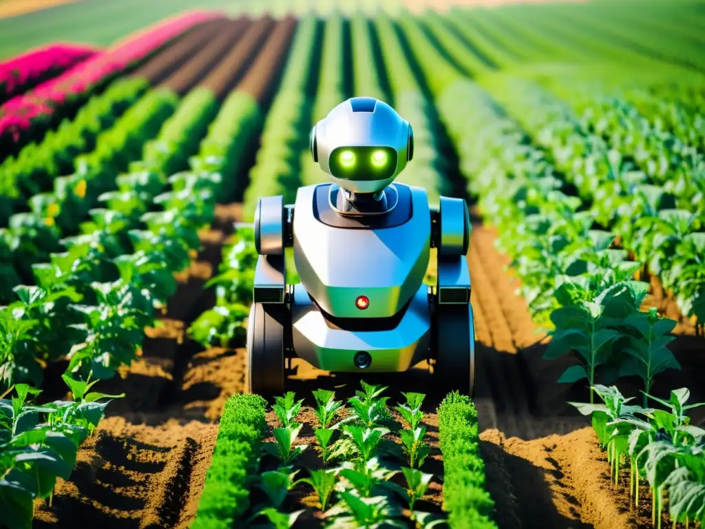 Un robot agrícola moderno trabaja en un campo verde exuberante, con patentes para automatización agrícola