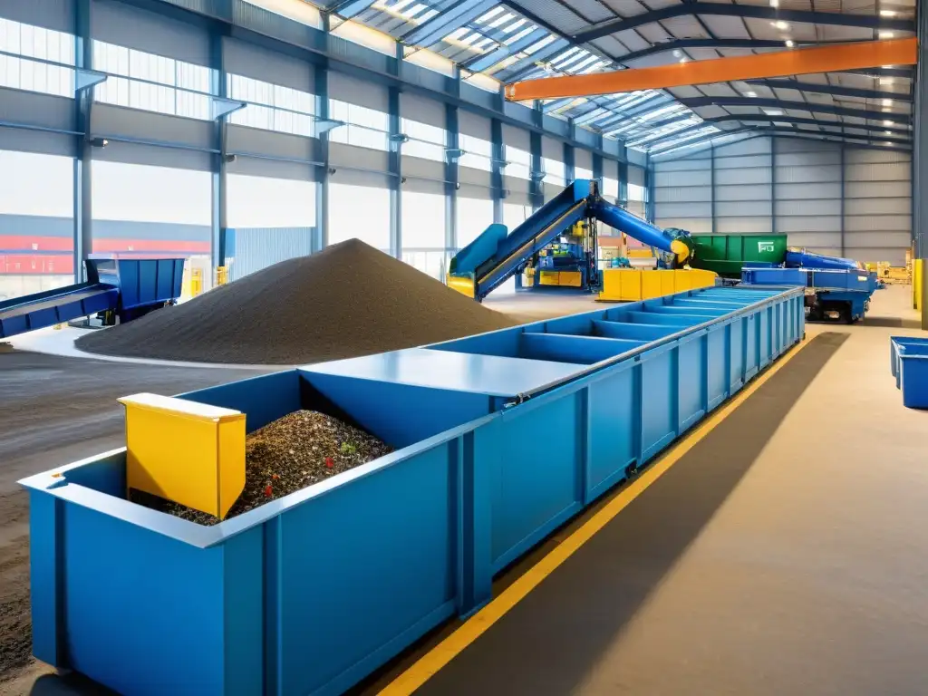 Un moderno centro de reciclaje en una ciudad vibrante, destacando la gestión de residuos en la economía circular