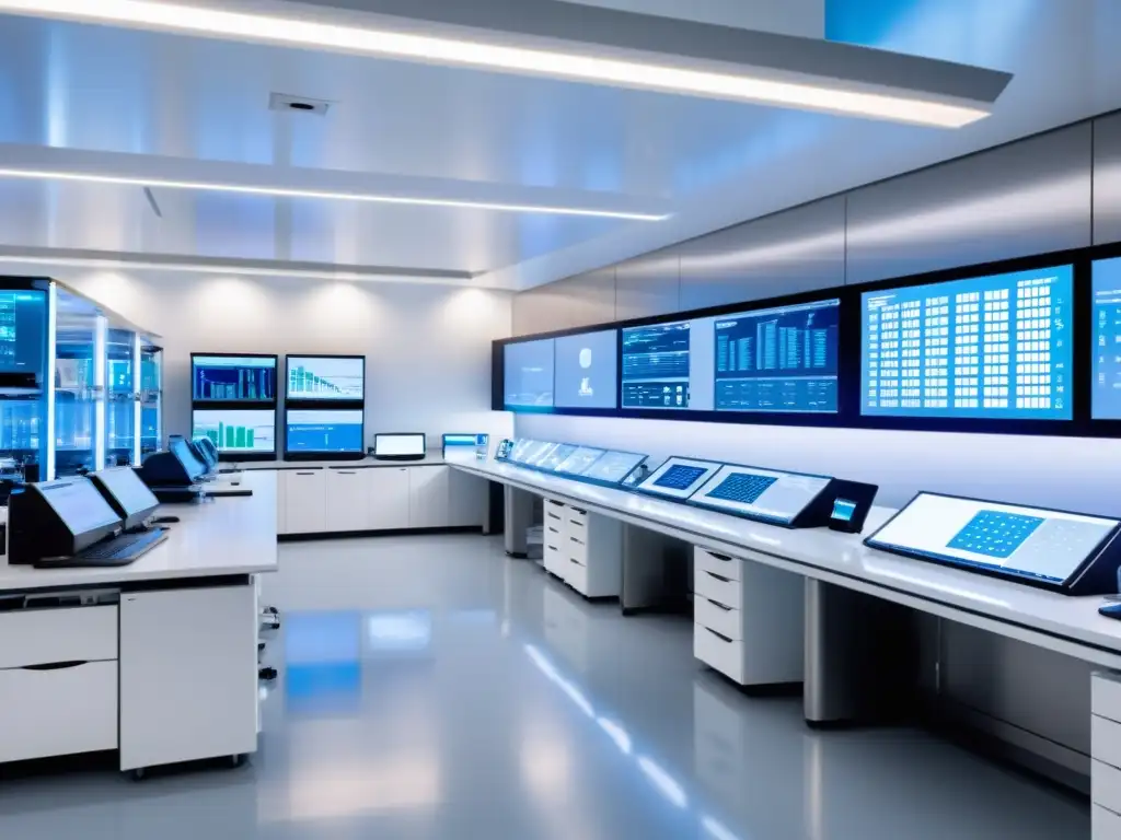 Lab moderno con científicos en bata, equipo de vanguardia y pantallas con datos complejos
