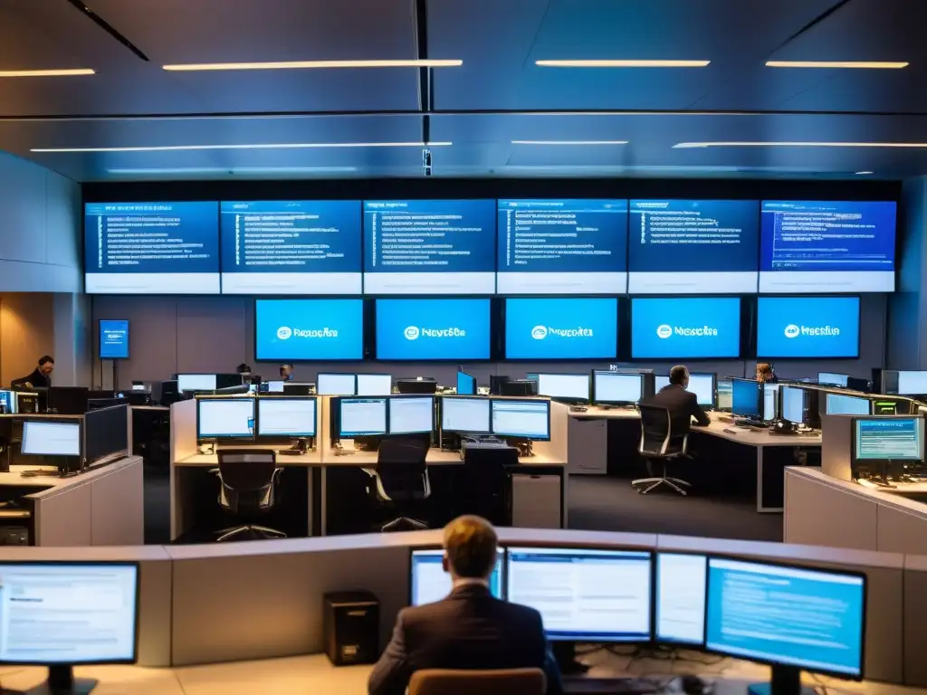 Un moderno y dinámico ambiente de redacción de noticias, con periodistas ocupados y pantallas que muestran pautas de protección de datos