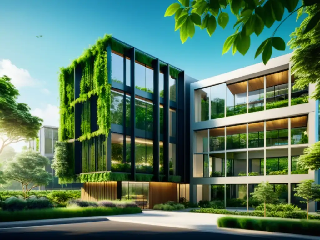 Un moderno edificio sostenible rodeado de vegetación exuberante, con diseño ecológico y grandes ventanales que dejan entrar luz natural