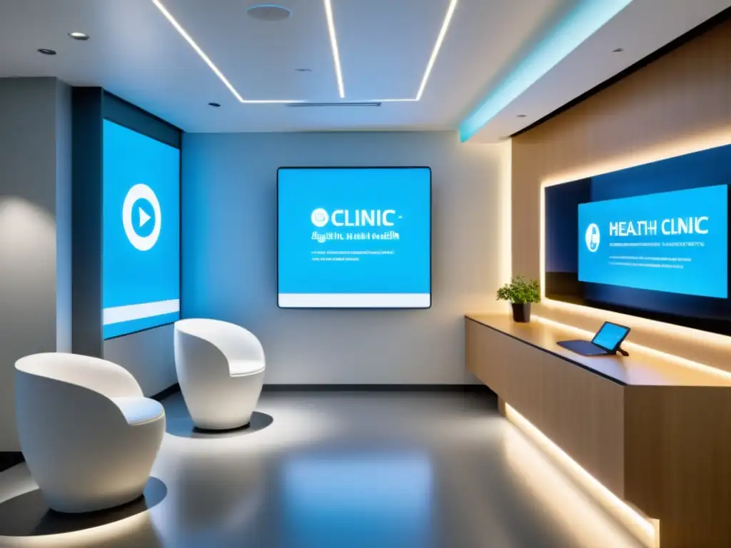 Un moderno y elegante centro de salud digital con un diseño futurista y equipos médicos de última generación, bañado en luz natural