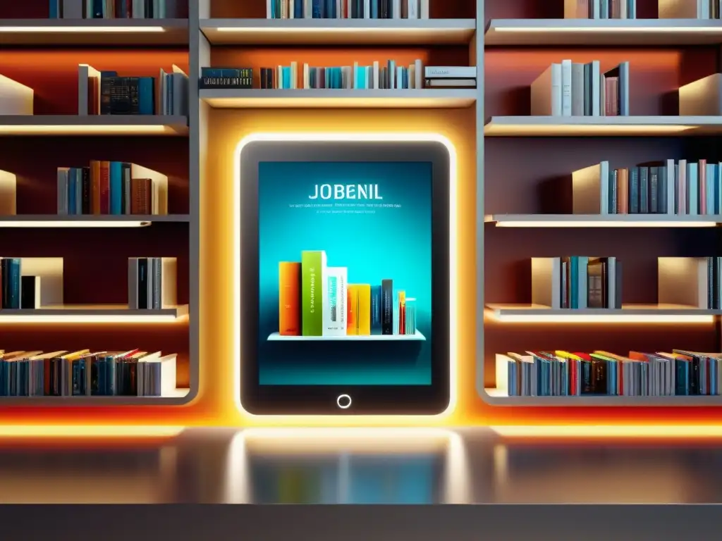 Un moderno estante electrónico con libros y audiolibros en pantallas digitales, en una biblioteca minimalista