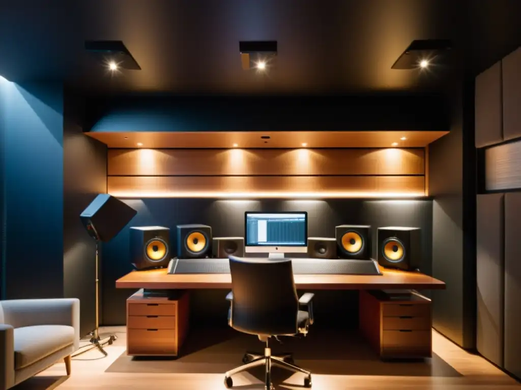 Moderno estudio de grabación con equipo de audio de alta calidad, iluminación atmosférica y libros de audio en una mesa