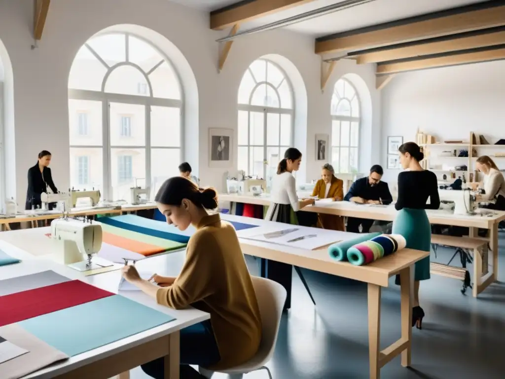 Diseñadores de moda en Italia: creatividad y profesionalismo Moderno estudio de diseño de moda en Italia, con diseñadores creando nuevas colecciones, rodeados de telas y máquinas de coser, bañados por la luz natural