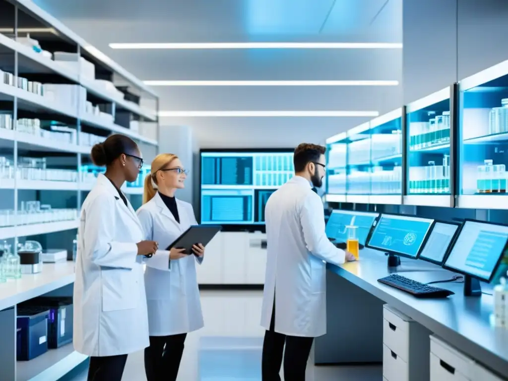 Lab moderno de investigación farmacéutica con científicos en batas blancas, equipo de alta tecnología y colaboración profesional
