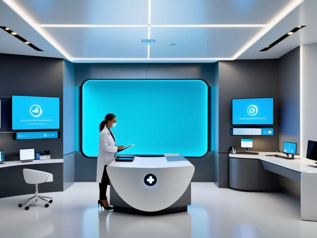 Un moderno y futurista centro de salud digital con tecnología de vanguardia y diseño minimalista