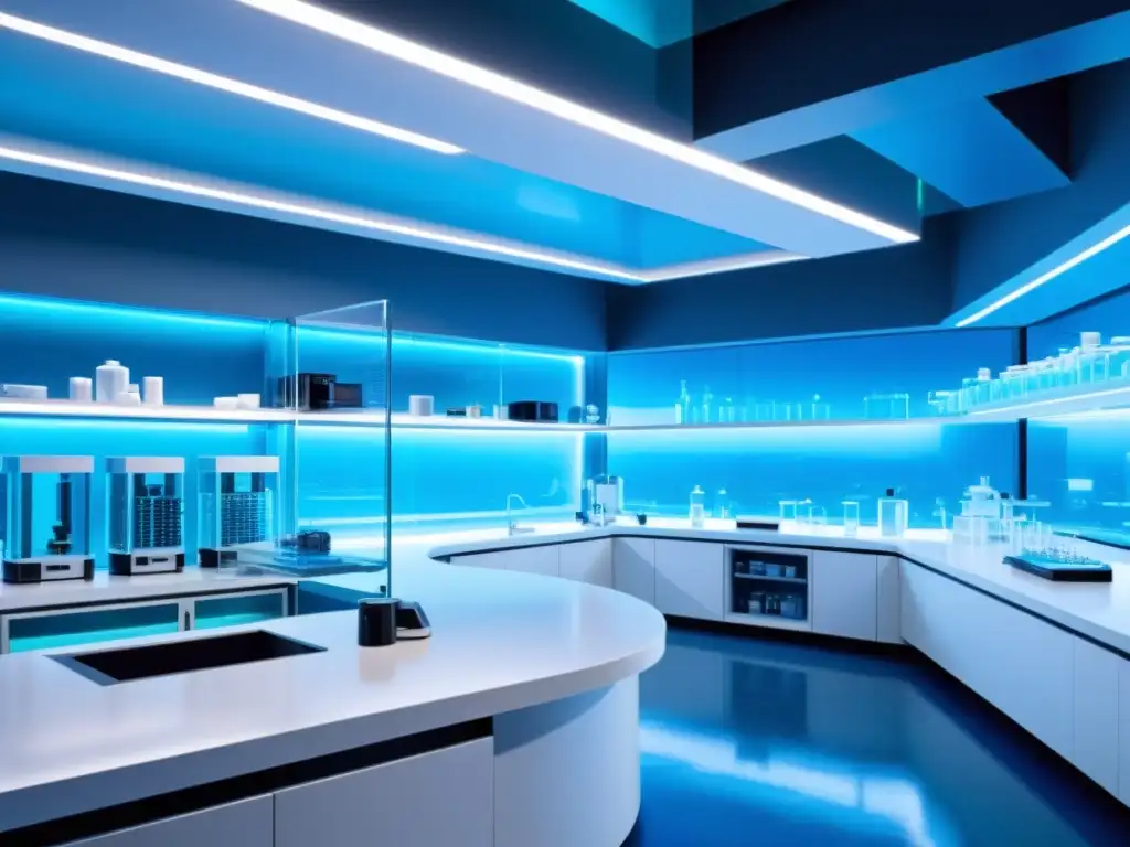 Moderno laboratorio farmacéutico con diseño minimalista y científicos investigando Desafíos patentes farmacéuticas medicamentos 'Me too' en ambiente futurista y tecnológico, iluminado en azul