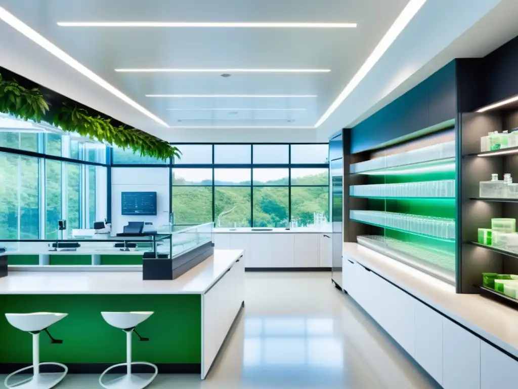 Laboratorio farmacéutico ecoinnovador: investigación sostenible Moderno laboratorio farmacéutico con innovación sostenible en patentes, científicos en bata blanca y equipo de vanguardia