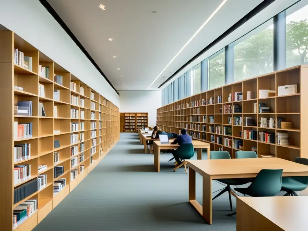 Un moderno y luminoso espacio bibliotecario con estudiantes discutiendo, rodeado de libros y revistas académicas