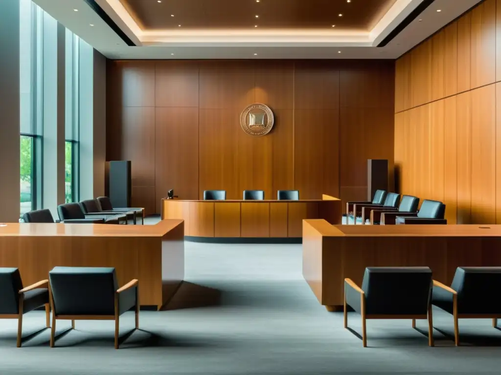 Un moderno tribunal con elegante mobiliario, luz natural y un simbolismo de justicia