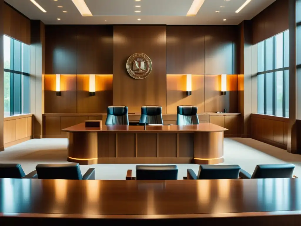 Moderno tribunal con equipos legales presentando casos, exudando profesionalismo y protección legal contra imitación de marcas