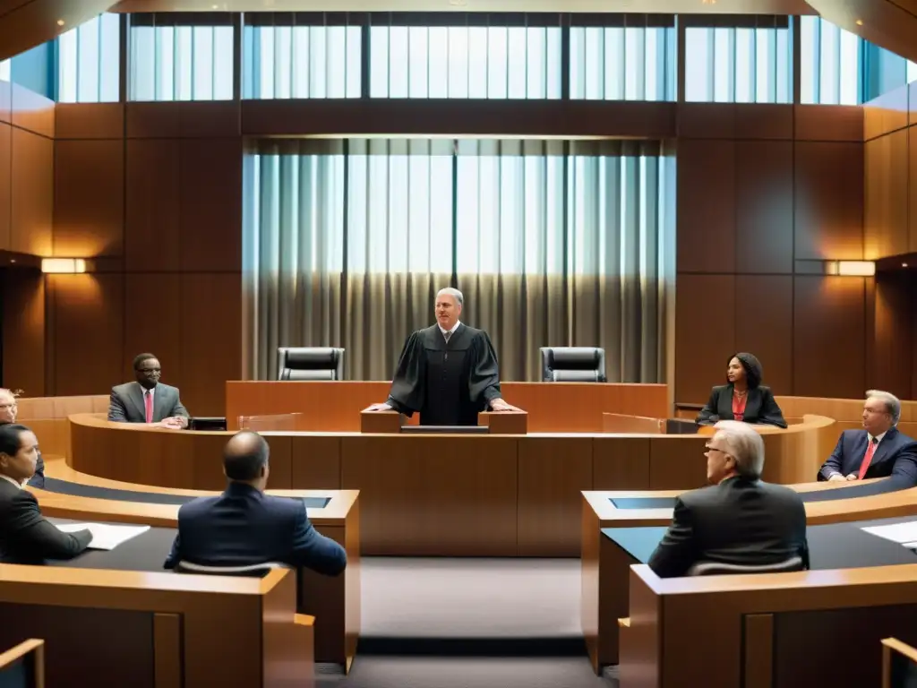 En el moderno tribunal, un juez preside un caso de derecho moral de autor en la industria del entretenimiento