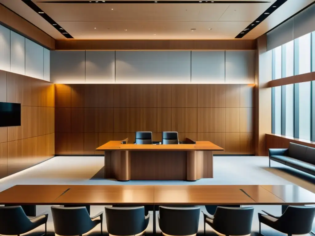 Moderno tribunal con diseño minimalista, luz natural, galería de madera pulida y bancada del juez con tecnología de vanguardia