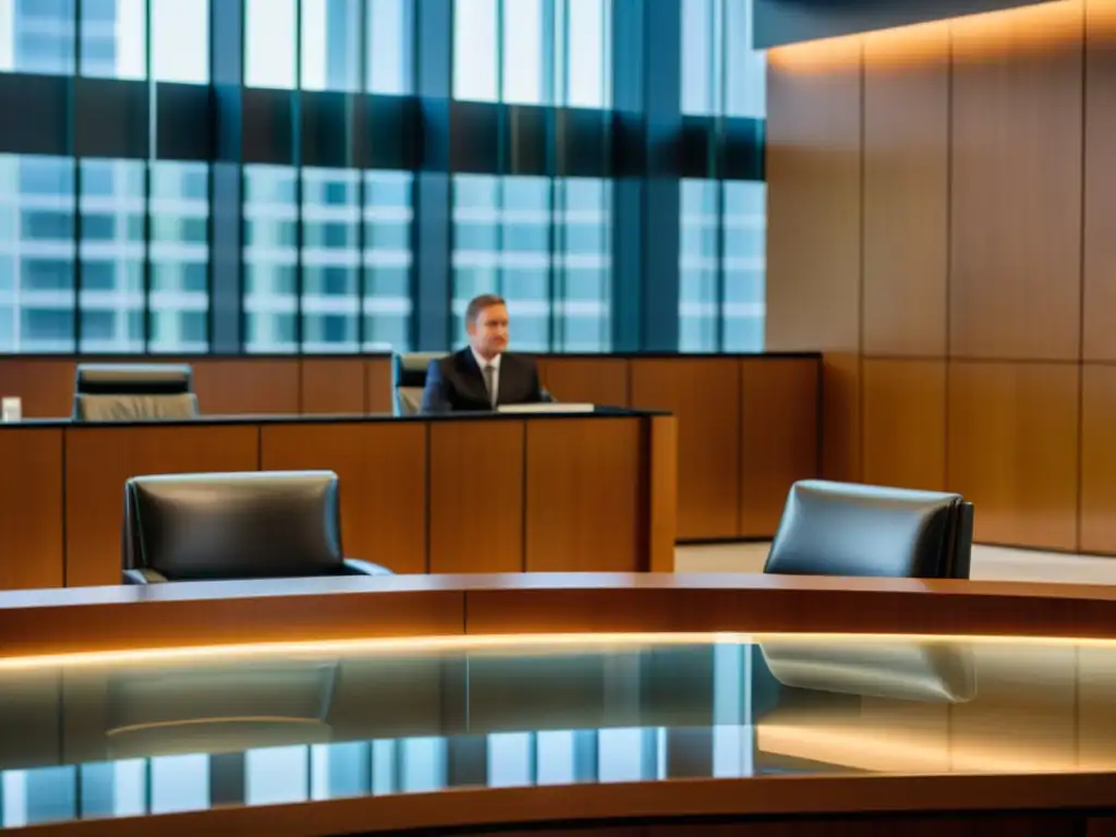 Moderno tribunal con diseño minimalista, luz natural y abogados en discusión