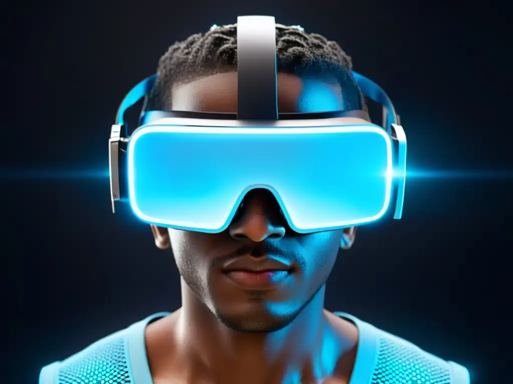 Un moderno visor de realidad virtual con circuitos intrincados y vibrantes hologramas, iluminando el rostro del usuario con un suave resplandor azul