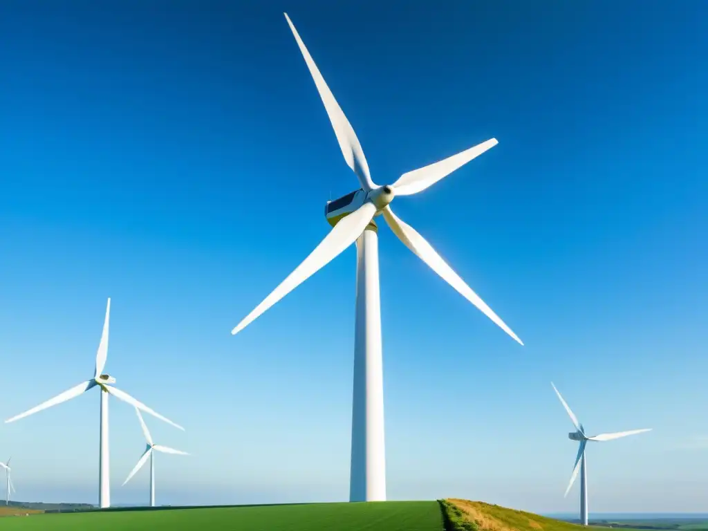 Un molino de viento moderno y elegante se alza contra un cielo azul claro, sus aspas blancas giran graciosamente