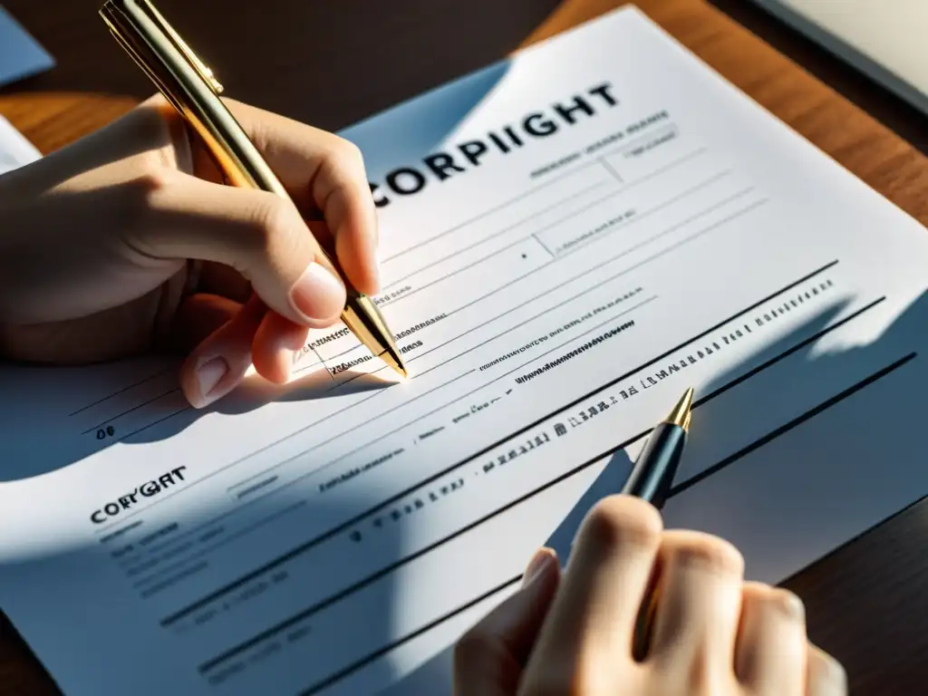 Un momento importante: una mano firmando un formulario de registro de derechos de autor