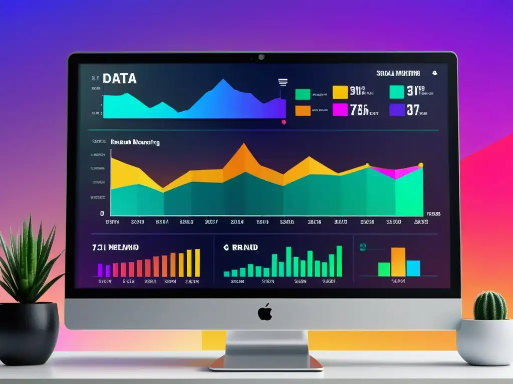 Un monitor futurista muestra datos de monitorización de marca en internet con gráficos dinámicos y vibrantes