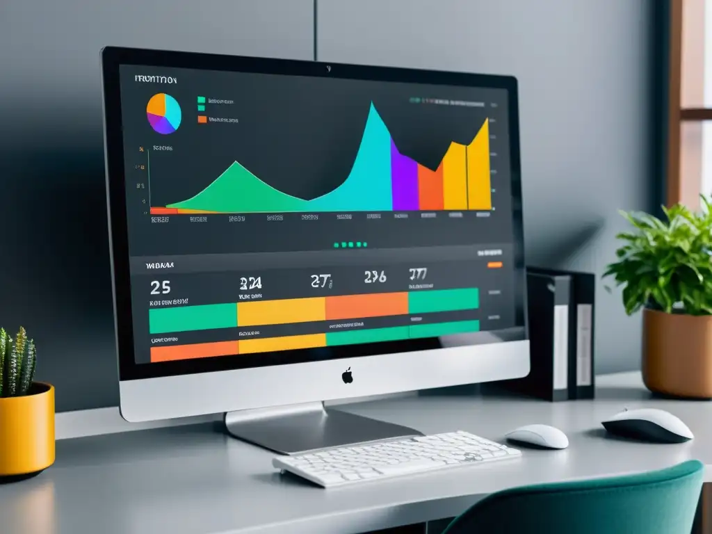 Un monitor moderno muestra visualizaciones dinámicas de monitoreo de marcas internacionales online en un espacio de trabajo minimalista y sofisticado