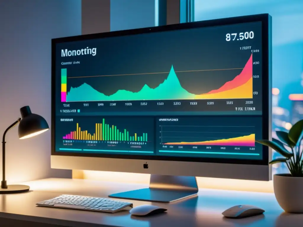 Monitor de alta tecnología muestra visualización dinámica de monitoreo de marcas internacionales online en espacio profesional minimalista con iluminación ambiental sutil