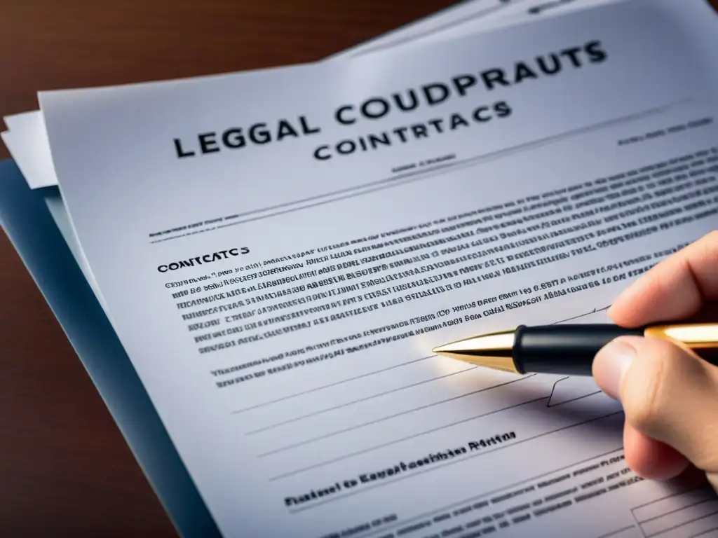 Un montón de documentos legales y contratos con una mano lista para firmar, en un fondo moderno