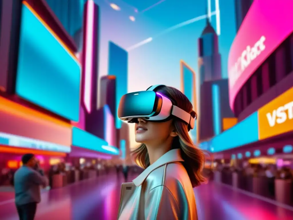 Una mujer con auriculares de realidad virtual explora una ciudad futurista llena de hologramas y pantallas de realidad aumentada