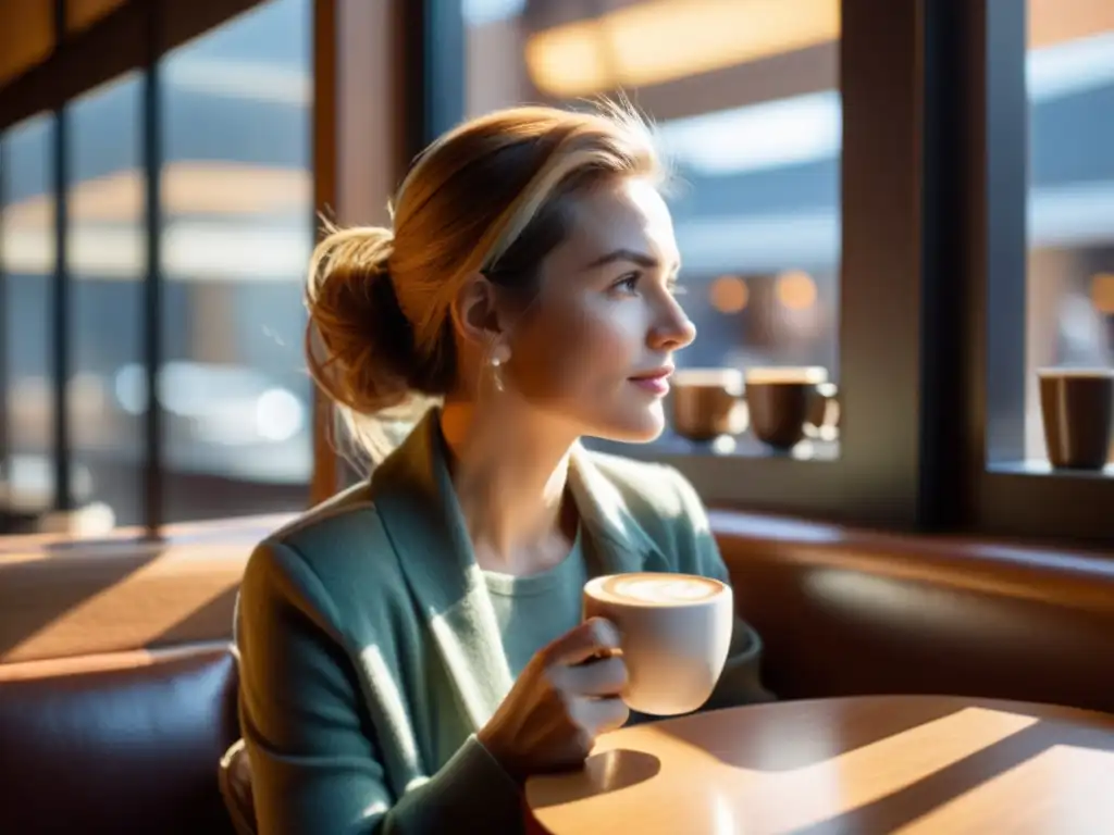 Una mujer reflexiva disfruta de café en un acogedor café iluminado por el sol