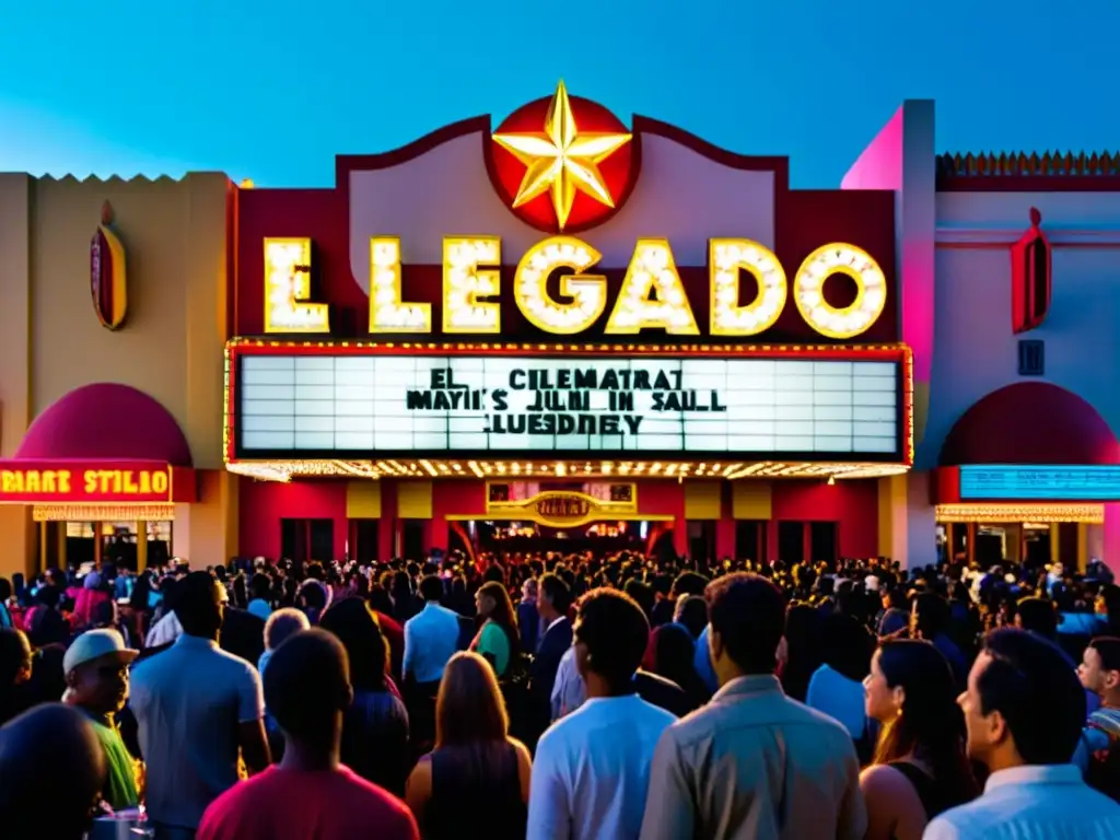 Multitud animada espera frente al cine 'El legado cinematográfico' con transferencia derechos autor impacto