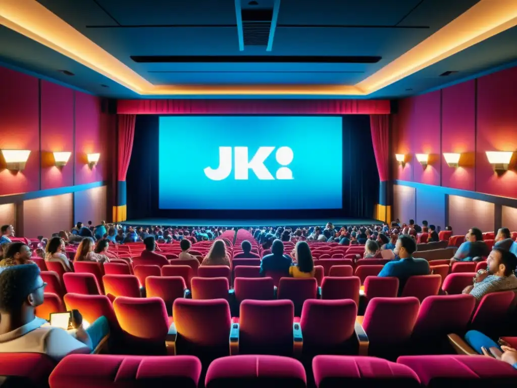Multitud entregada a película animada en cine 8k Multitud en cine disfruta de película animada, creando atmósfera inmersiva