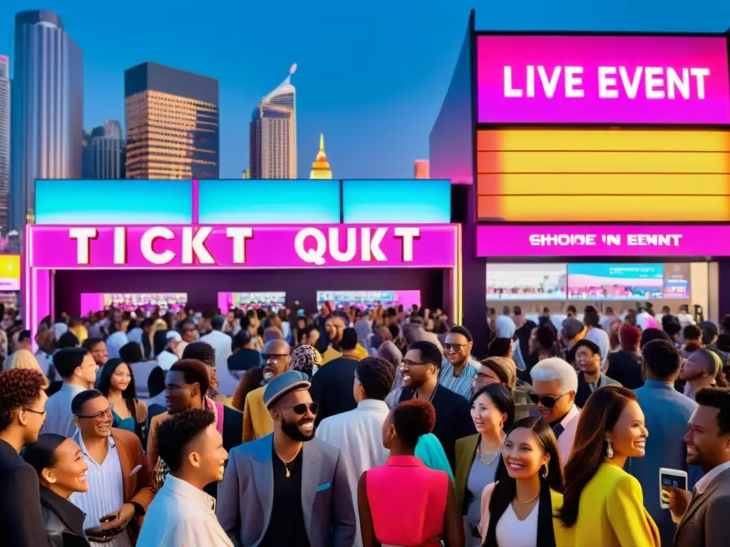 Multitud diversa espera emocionada fuera de un evento vivo, entre coloridos puestos de venta de entradas y pantallas digitales mostrando información