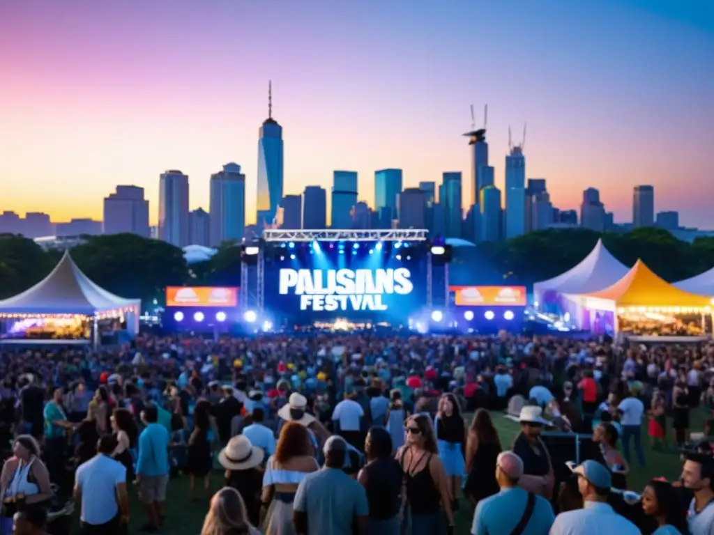 Festival de música vibrante: Multitud disfruta conciertos en vivo Multitud diversa disfruta de festival de música vibrante, con artistas en escenarios, luces y ambiente festivo, impacto leyes derecho autor eventos