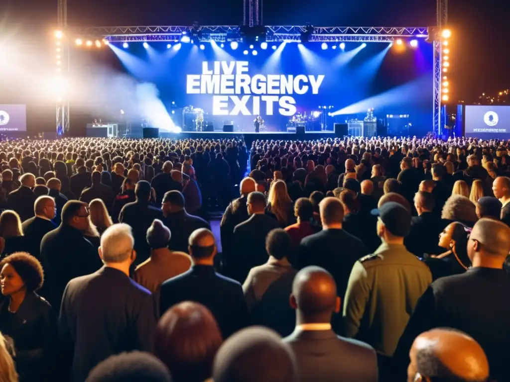 Multitud en evento en vivo con protocolos legales emergencias eventos vivo, seguridad y ambiente vibrante