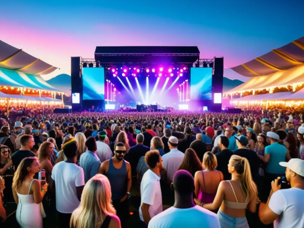 Festival de música vibrante: luces, multitud y energía Multitud vibrante y diversa disfrutando de un festival de música, luces de colores en el escenario y artistas energéticos