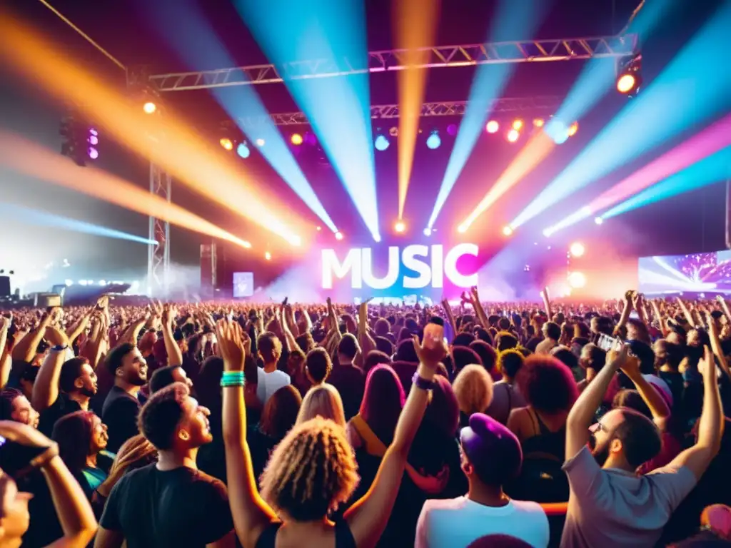 Multitud vibrante en festival de música, luces coloridas y actuación dinámica crean atmósfera energética
