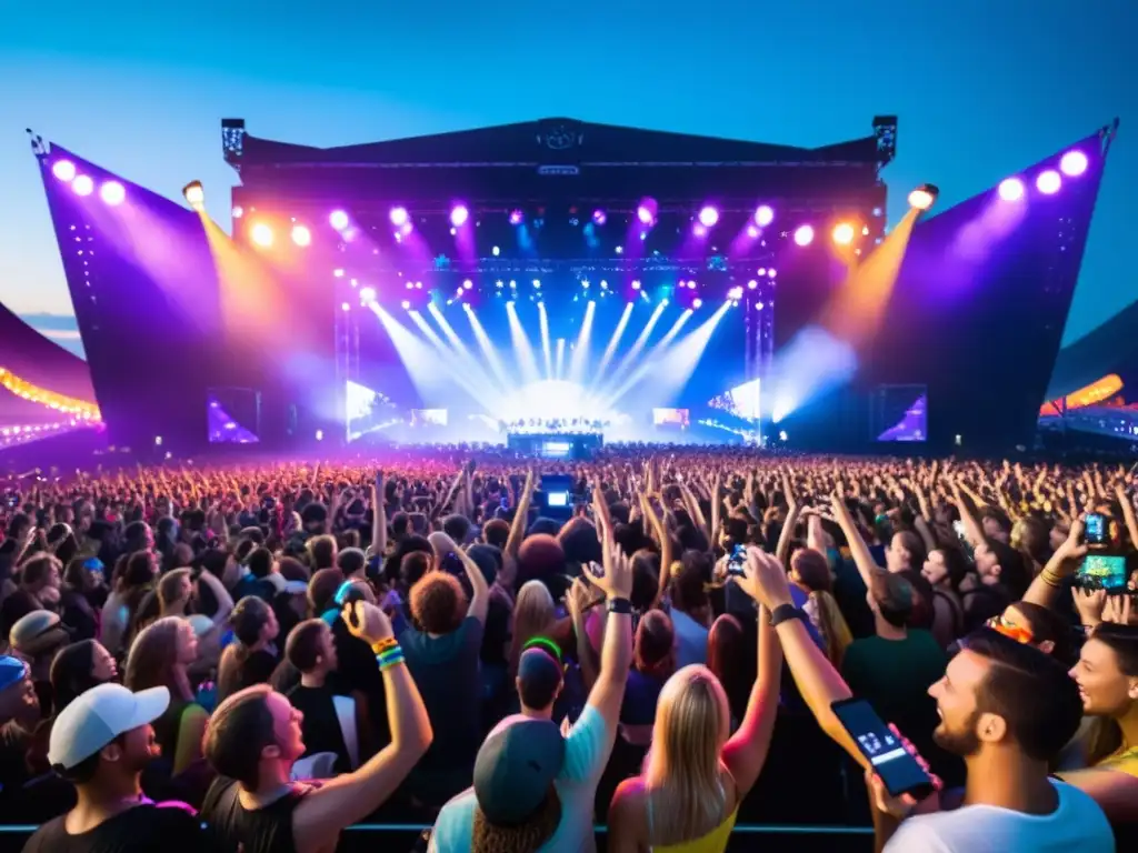 Concierto vibrante: energía en la multitud Una multitud vibrante en un festival de música, con luces de escenario coloridas iluminando la atmósfera