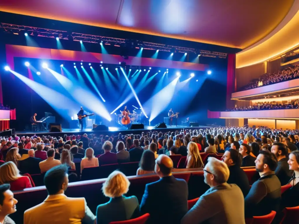 Una multitudinaria sala de conciertos llena de gente, con un escenario moderno y luces brillantes iluminando a los artistas