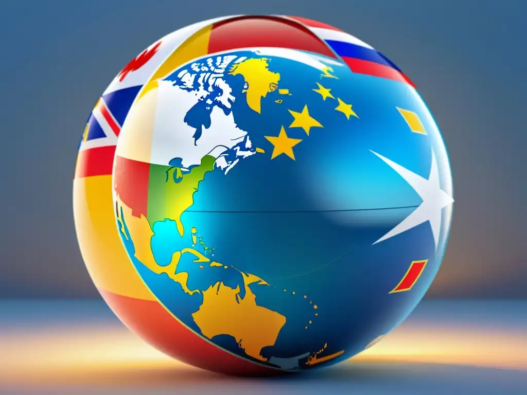Un mundo envuelto en el símbolo de copyright con banderas internacionales, simbolizando la protección internacional de derechos de autor