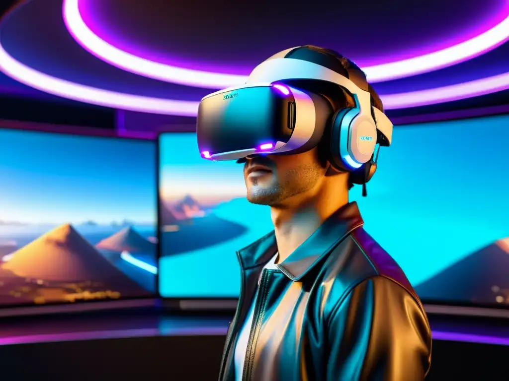 Un mundo de realidad virtual futurista, con consolas de juego modernas y auriculares VR inmersivos, rodeado de paisajes digitales vibrantes y tecnología de vanguardia, representa el impacto de las patentes de software en la industria del gaming