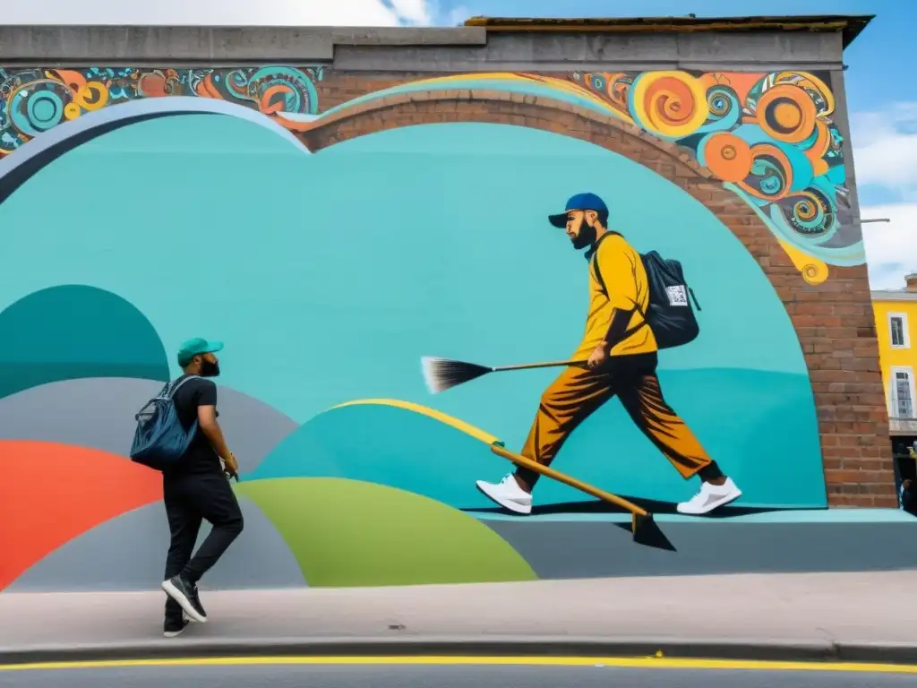 Un mural callejero vibrante y detallado en la ciudad, con artistas creando diferentes estilos y perspectivas