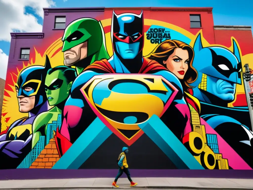 Un mural urbano de la cultura pop en registro de marcas, detallado y colorido, con figuras icónicas y una vibrante ciudad de fondo