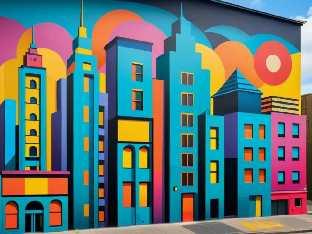 Un mural urbano moderno y vibrante con elementos de graffiti y arte callejero