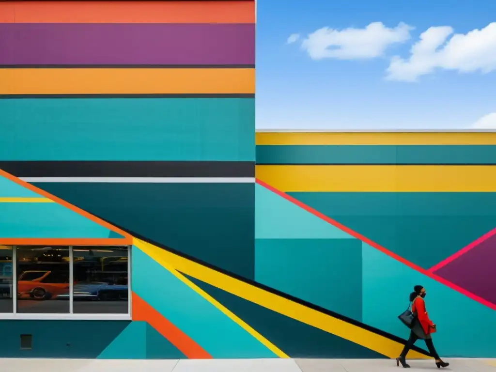 Un mural urbano moderno y vibrante con formas geométricas audaces y colores contrastantes, ejemplificando la legislación arte público futuro