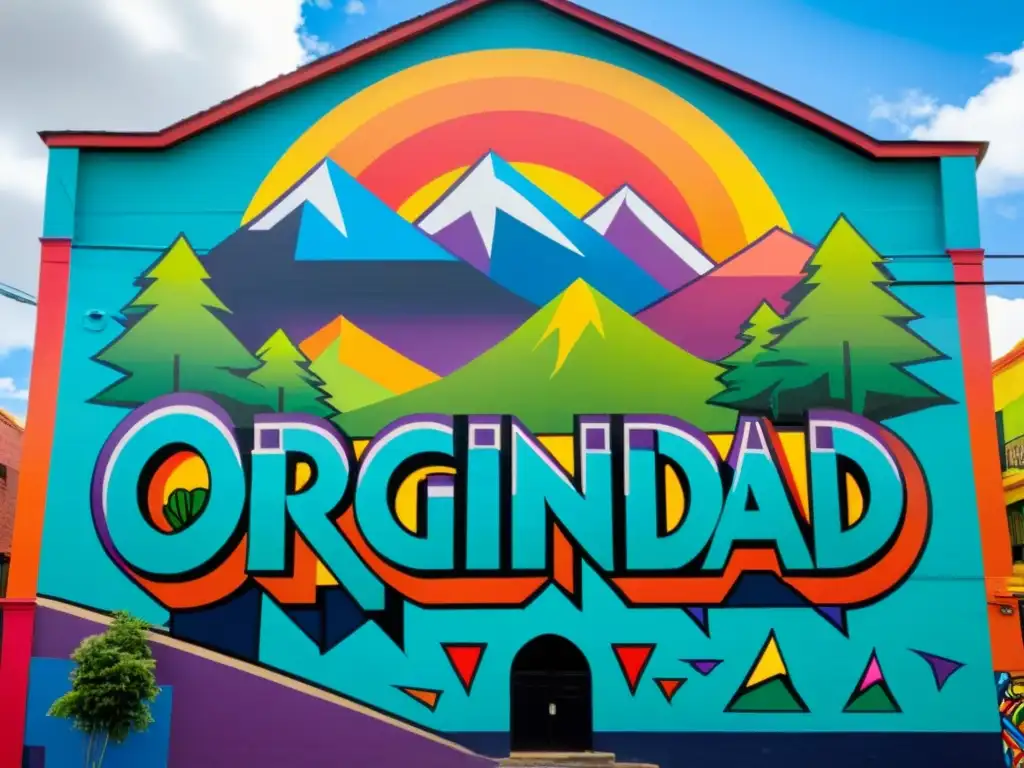 Un mural urbano vibrante con una representación detallada y llamativa de un paisaje urbano estilizado y la palabra 'Originalidad' en graffiti