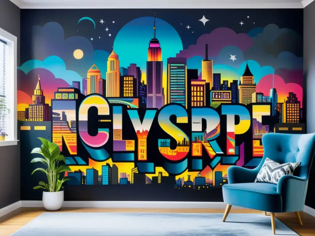 Un mural urbano vibrante y detallado que muestra una ciudad de noche, con grafitis coloridos entrelazados en la escena