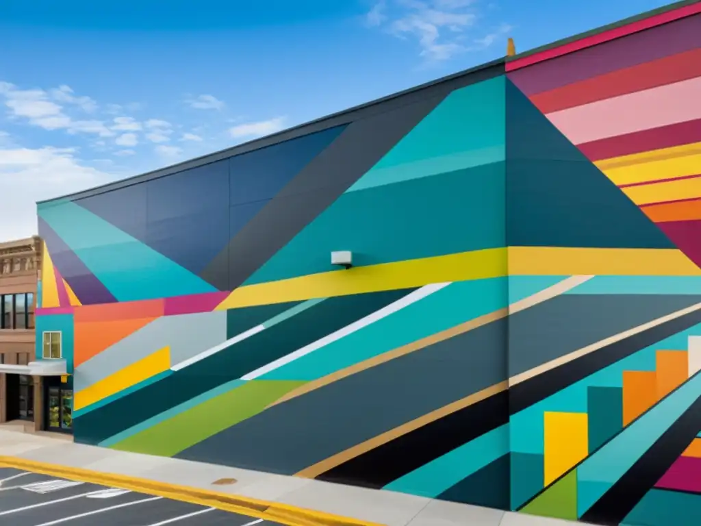 Un mural urbano vibrante y moderno destaca en la ciudad, mostrando formas abstractas y colores llamativos