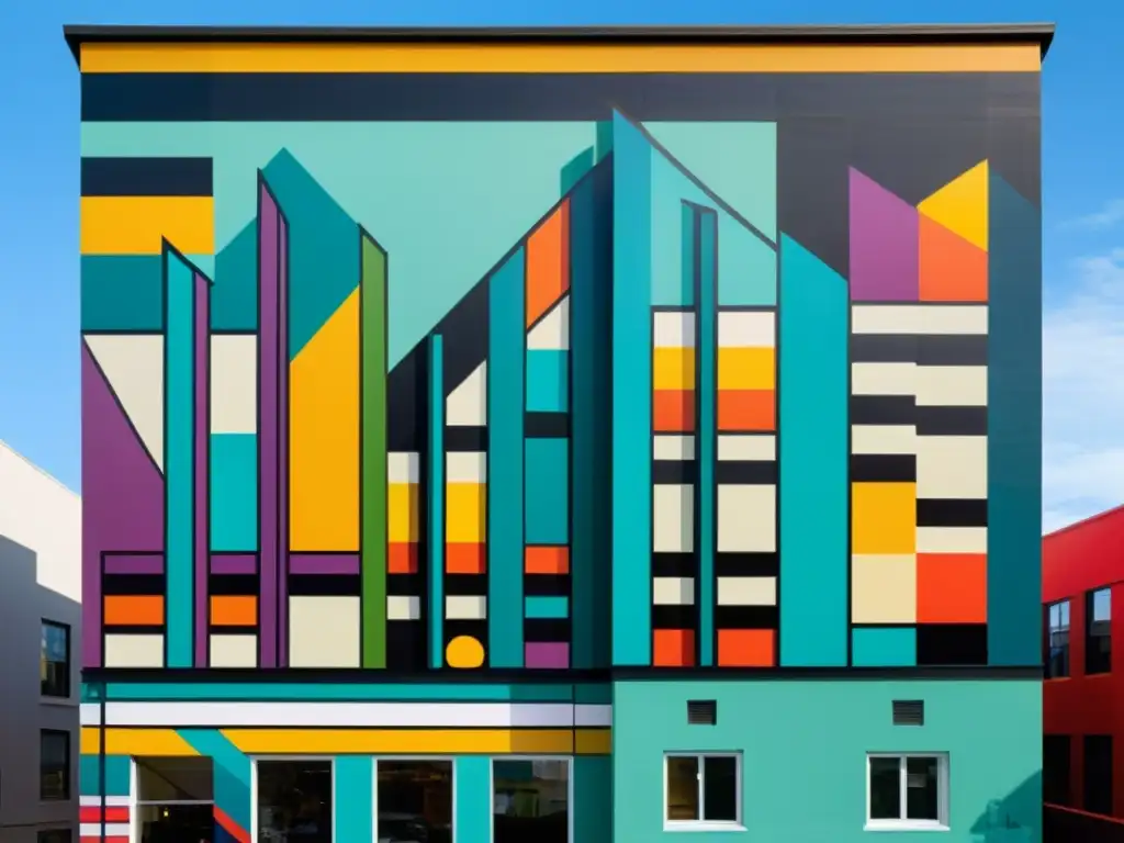 Un mural urbano vibrante y moderno con formas geométricas audaces y líneas dinámicas